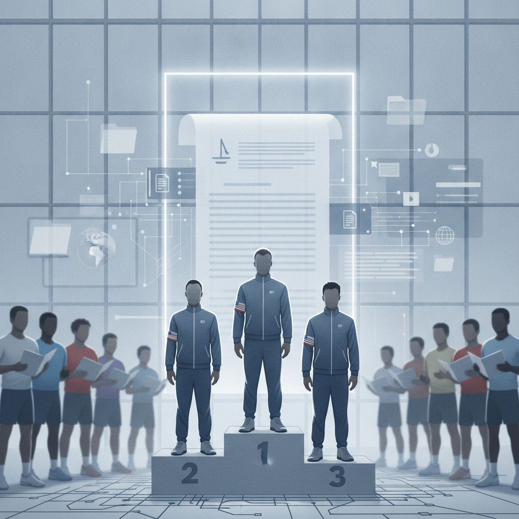 Three athletes on a podium with digital elements representing sports legislation, symbolizin — TEAM USA Act College Sports