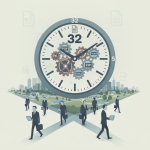 Illustration of a clock showing 32 hours with gears, symbolizing the thirty two hour workweek act, surrounded by business…