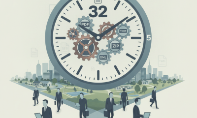 Illustration of a clock showing 32 hours with gears, symbolizing the thirty two hour workweek act, surrounded by business…