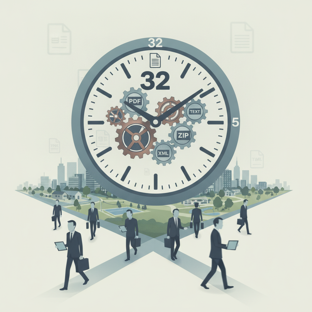 Illustration of a clock showing 32 hours with gears, symbolizing the thirty two hour workweek act, surrounded by business…
