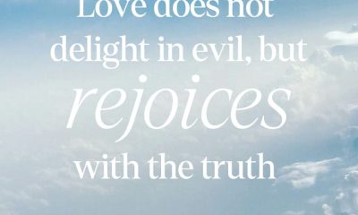 1 Corinthians 13:6 meaning displayed in white text over a blue sky with clouds, emphasizing l — 1 corinthians 13 6 meaning