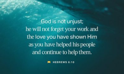 Hebrews 6 10 meaning verse graphic over a teal ocean scene, quoting a reminder of service and love for others.