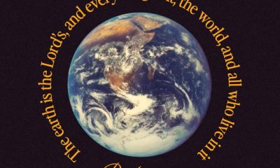 Psalms 24 1 daily bible verse graphic with Earth encircled by gold scripture text on a dark background