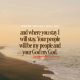 Ruth 1 16 meaning verse text over a quiet beach at sunset, with waves washing onto the shore.