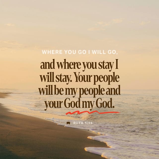 Ruth 1 16 meaning verse text over a quiet beach at sunset, with waves washing onto the shore.