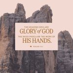 Psalms 19 1 meaning graphic over rugged rock formations, with text praising the glory of God and the heavens.