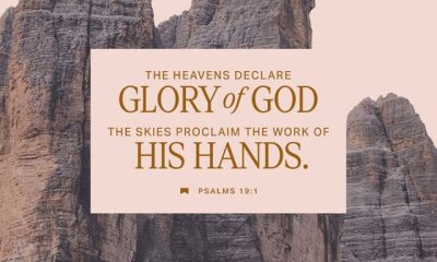 Psalms 19 1 meaning graphic over rugged rock formations, with text praising the glory of God and the heavens.
