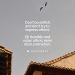 Philippians 2 3 daily bible verse about humility over a gray sky, birds, and tiled rooftops