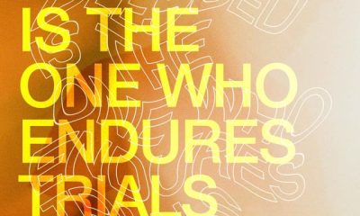 James 1:12 verse graphic with bold yellow text reading “Blessed is the one who endures trials” on an orange background.