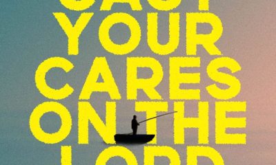 A silhouette of a person in a boat against a colorful sky with the text 'Cast your cares on the Lor — Psalms 55 22 meaning