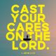 A silhouette of a person in a boat against a colorful sky with the text 'Cast your cares on the Lor — Psalms 55 22 meaning