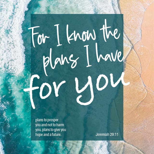 Ocean waves and sandy beach with the text of Jeremiah 29:11 overlayed, conveying hope and future — Jeremiah 29 11 meaning