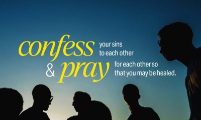 Silhouetted figures against a sunset with the text 'confess & pray your sins to each other for each o — James 5 16 meaning