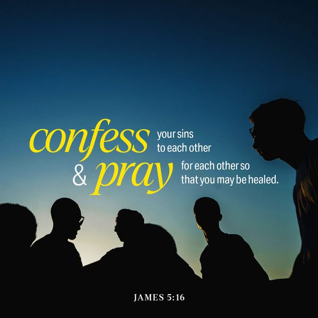 Silhouetted figures against a sunset with the text 'confess & pray your sins to each other for each o — James 5 16 meaning