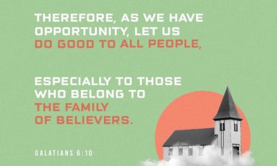 Inspirational graphic featuring Galatians 6:10 text on a green background with a church illustrat — Galatians 6 10 meaning