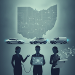Illustration of three people with electric vehicles and a circuit-map graphic for the 21st Century Vehicle Choice Act