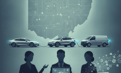 Illustration of three people with electric vehicles and a circuit-map graphic for the 21st Century Vehicle Choice Act