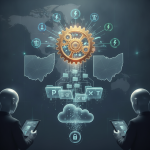 Two figures interacting with digital devices, surrounded by icons representing — Acquired Lands Revenue Modernization Act