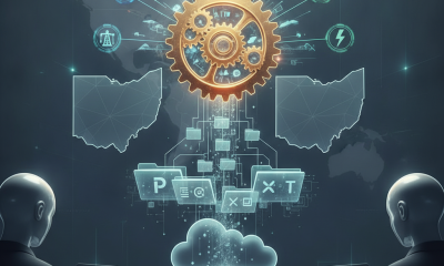 Two figures interacting with digital devices, surrounded by icons representing — Acquired Lands Revenue Modernization Act