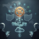 Two figures interacting with digital devices, surrounded by icons representing — Acquired Lands Revenue Modernization Act