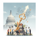 Illustration of a golden key above homes, with people and the U.S. Capitol in the background, — American Home Mobility Act