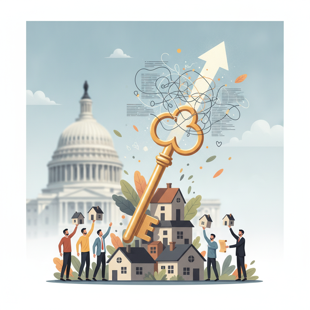 Illustration of a golden key above homes, with people and the U.S. Capitol in the background, — American Home Mobility Act