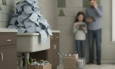 A kitchen sink overflowing with water bills, a child and adult looking at a tablet in the background. — rising water bills