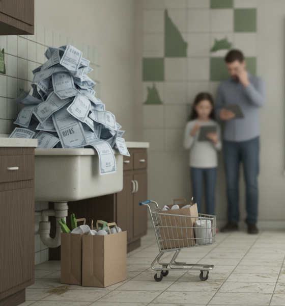 A kitchen sink overflowing with water bills, a child and adult looking at a tablet in the background. — rising water bills