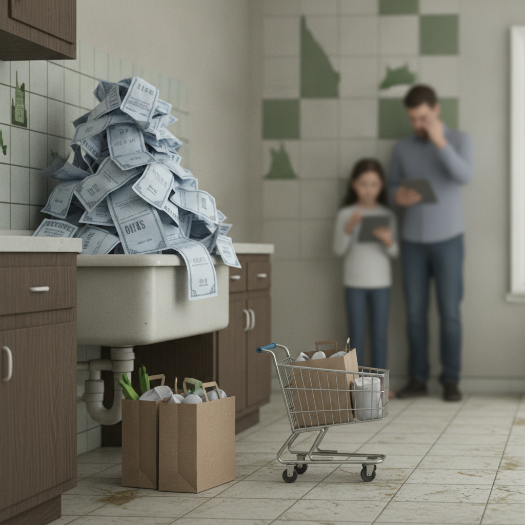 A kitchen sink overflowing with water bills, a child and adult looking at a tablet in the background. — rising water bills