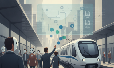 A busy urban train station with commuters walking towards a train, digital graphics overla — Better Transit for Riders Act