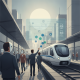 A busy urban train station with commuters walking towards a train, digital graphics overla — Better Transit for Riders Act