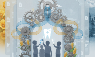 Illustration depicting children with dental tools and gears, symbolizing the Foster Youth Dental Act of 2026 and Medicaid…
