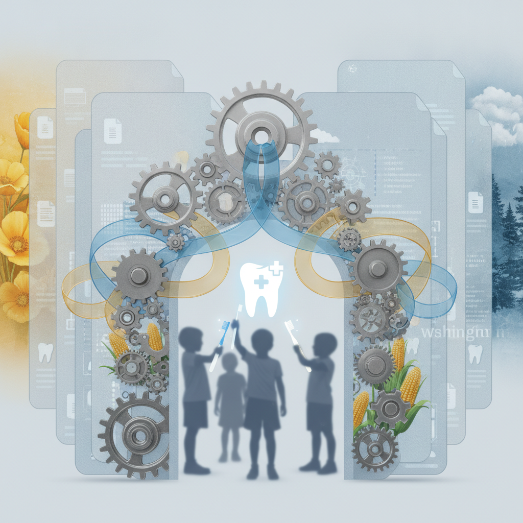 Illustration depicting children with dental tools and gears, symbolizing the Foster Youth Dental Act of 2026 and Medicaid…