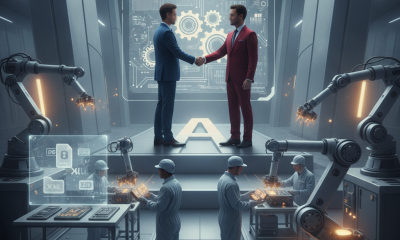Two suited figures shake hands above workers operating robotic equipm — Advanced Manufacturing Jobs in America Act of 2026