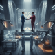 Two suited figures shake hands above workers operating robotic equipm — Advanced Manufacturing Jobs in America Act of 2026