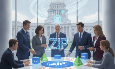 Lawmakers review digital documents around a table before a domed government building, illust — 340B Rebate Model Delay Act