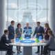 Lawmakers review digital documents around a table before a domed government building, illust — 340B Rebate Model Delay Act