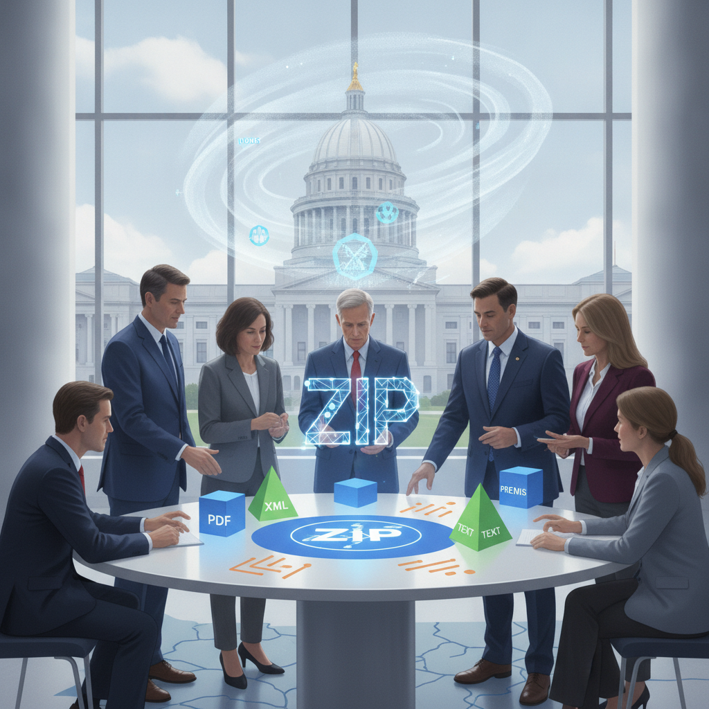 Lawmakers review digital documents around a table before a domed government building, illust — 340B Rebate Model Delay Act