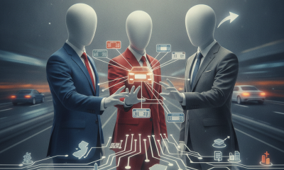 Illustration of three suited figures sharing car theft data around a vehicle, — Combatting Auto Robbery at the Source Act