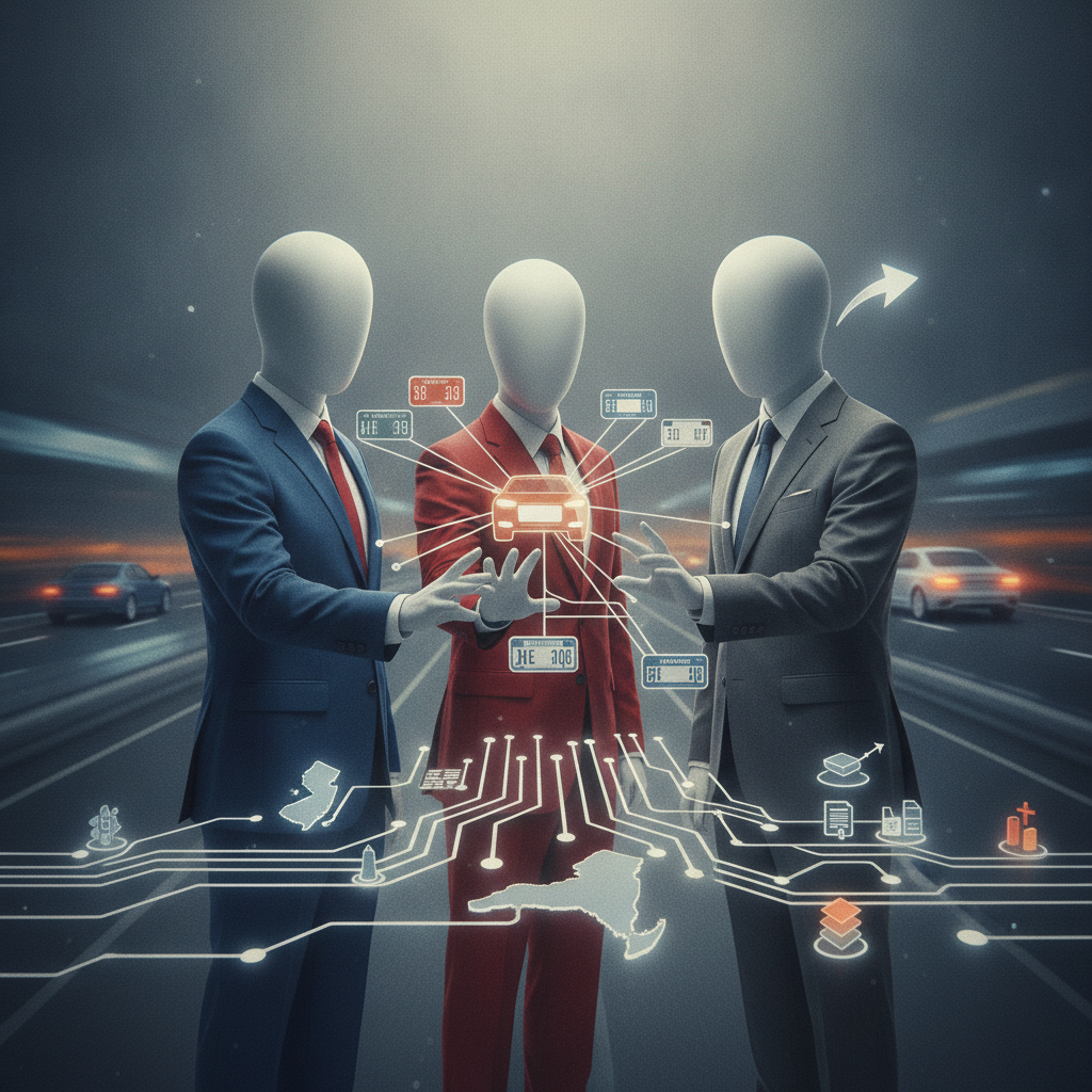 Illustration of three suited figures sharing car theft data around a vehicle, — Combatting Auto Robbery at the Source Act