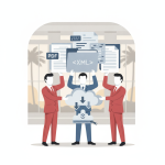 Three businesspeople in suits collaborating on digital documents, representing the HR 10724 bankruptcy bill reform.