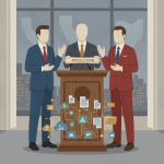 Illustration of lawmakers presenting a resolution at a podium with financia — National Financial Planning Month resolution