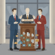 Illustration of lawmakers presenting a resolution at a podium with financia — National Financial Planning Month resolution