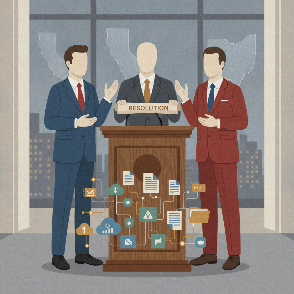 Illustration of lawmakers presenting a resolution at a podium with financia — National Financial Planning Month resolution