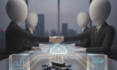Business figures shake hands over a digital table linking a facto — Small Business and Defense Industrial Base Support Act