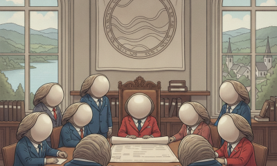 Illustration of lawmakers gathered around a table beneath a coastal emblem for the QUAHOGS Act.
