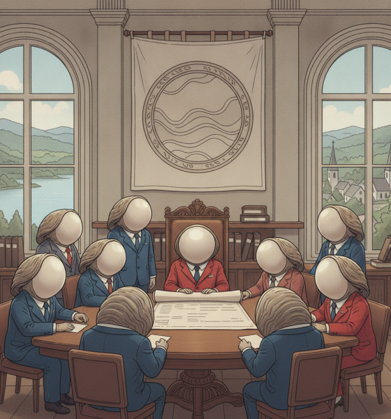 Illustration of lawmakers gathered around a table beneath a coastal emblem for the QUAHOGS Act.