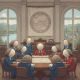 Illustration of lawmakers gathered around a table beneath a coastal emblem for the QUAHOGS Act.