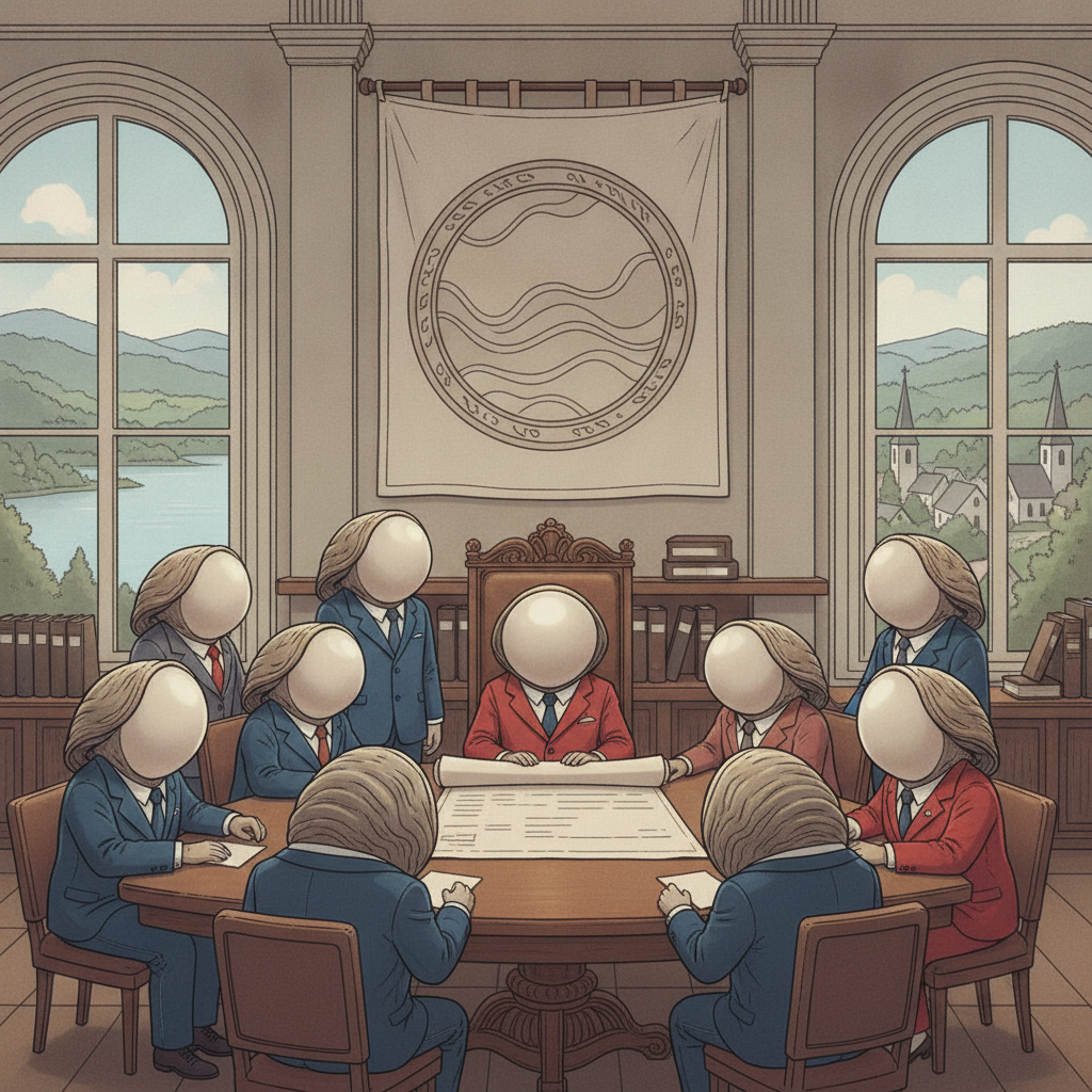 Illustration of lawmakers gathered around a table beneath a coastal emblem for the QUAHOGS Act.