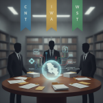 Three silhouetted figures in suits discussing legislation around a table with documents and a ho — Senate Bill 5611 Serbia